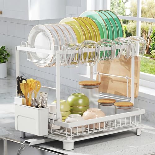 Multifunctional Dish Drying Rack - Rustproof, 2-Tier Dish Racks with Drainboard, Space-Saving Design, Utensil & Cup Holder for Kitchen Counter, White - color: White