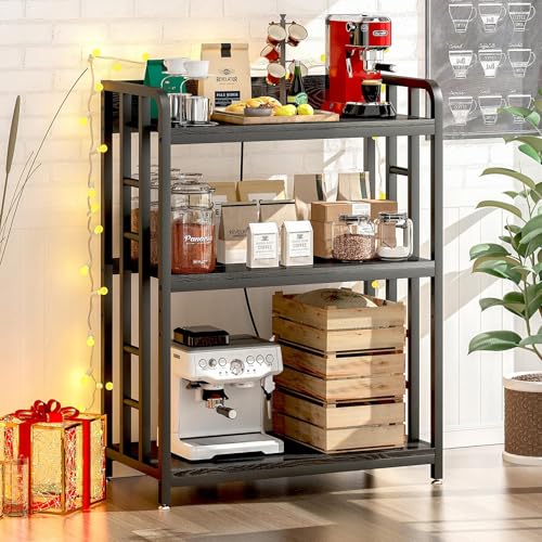 Baker's Rack with Power Outlet, 3-Tier Adjustable Microwave Cart, Black | Microwave Stand with Storage, Spice Rack,Locking Wheels, Coffee Station for Kitchen,Living Room,Coffee Bar,Office - color: Black