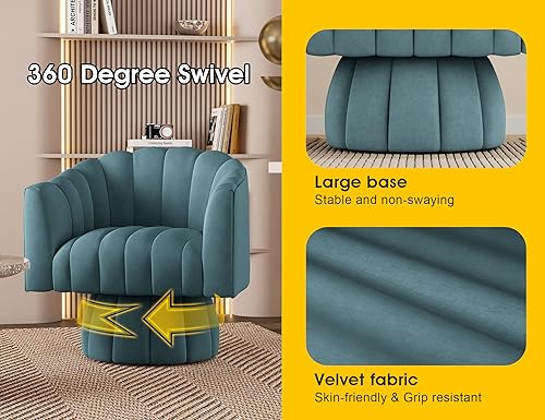Dewhut Swivel Accent Chair, Barrel Accent Chair, Velvet, Blue | Velvet Upholstered Round Arm Chair with 360° Swivel Base, Mid Century Modern Living Room Chair, Easy Setup - color: Blue