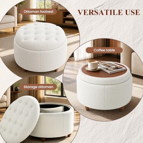 25" Round Ottoman with Storage, Small Coffee Table with Reversible Tray Lid | Tufted Fabric Round Storage Ottoman with Solid Wood Legs, 3-in-1 Footrest for Living Room, Bedroom, Entryway, Beige - color: Beige