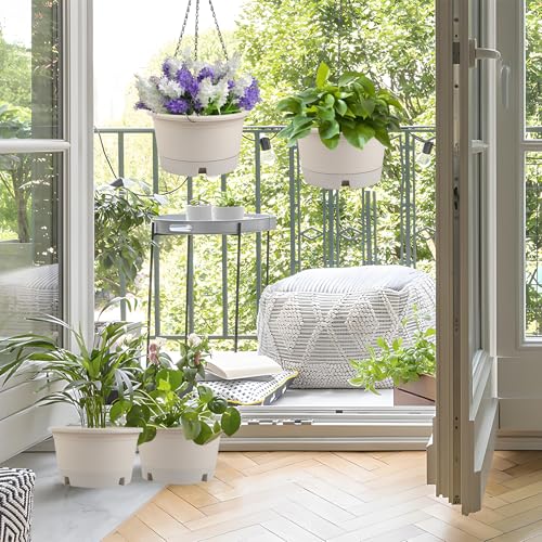 4 Pack 10 Inch Plastic Hanging Baskets with Removable Trays & 15.7" Chain | Modern Hanging Pots for Plants, Indoor & Outdoor Hanging Plant Holder for Home Garden Porch Balcony Patio Decor (Beige) - color: Beige, size: 10 Inch - 4 Pack