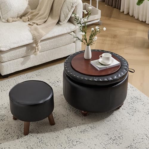 24Inch Round Storage Ottoman, Set of 2, Modern PU Leather Coffee Table with Removable Top, Upholstered Ottoman with Storage Footrest Stool for Living Room, Bedroom (Black) - color: Black