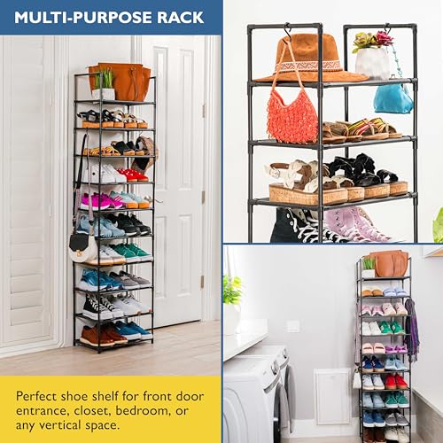 Sundaze Shoe Rack - 10 Tier Tall Shoe Rack for Closet, Sturdy Stackable Shoe Organizer for Closet, Bedroom, Entryway, Garage, Non Woven Fabric Shelf, Black, Holds 20-30 Pairs - size: 10 Tier (18.3" W)