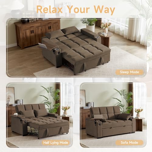 66" Multi-Functional Pull-Out Sofa Bed with Hidden Side Table, Storage Armrests, Built-in Charging Port, Spring Mattress, Solid Wood Frame – Ideal for Small Spaces, Easy Assembly - color: 1007-k