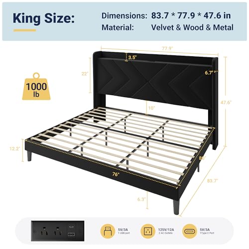 Allewie King Size Platform Bed Frame with Charging Station and Storage Shelf/Upholstered Velvet Wingback Headboard/Wooden Slats Support/No Box Spring Needed/Easy Assembly, Black - color: Black, size: King