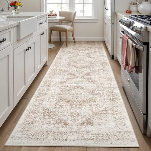 3x10 Washable Hallway Runner Rug: Vintage Medallion Soft Rugs IvoryBeige | Non Slip Pet Friendly Water Resistant Low Pile Easy Clean Durable for Entryway Kitchen Living Room and High Traffic Areas - color: Ivory/Beige, size: 3x10