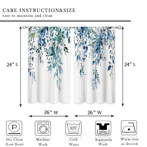 Eucalyptus Botanical Leaves Navy Wooden Floral Kitchen Window Curtains Over Sink Farmhouse Flower Leaf Small Window Treatment Cafe Short Curtains for Bathroom Treatment Tier Drapes 26x24 inch - color: 08 Blue, size: 26"W x 24"L (Pack of 2)