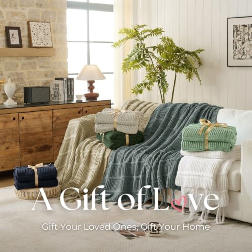 Boho Knitted Chenille Blanket with Tassels - Lightweight & Soft All-Season Throw - 3D Classic Pattern for Living Room Bedroom Couch, Celestial Blue, Throw 50"x60" - color: Celestial Blue, size: Throw