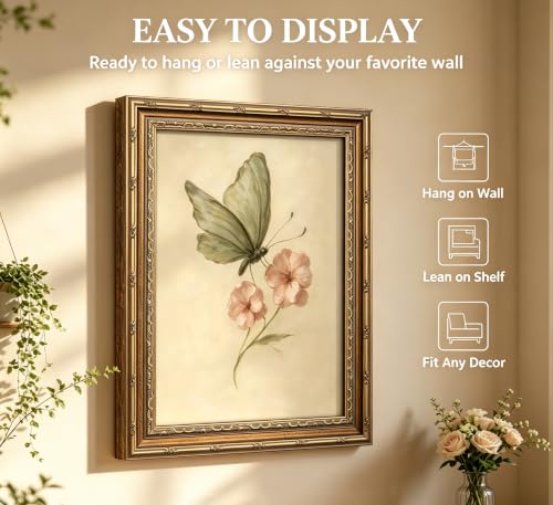 Vintage Gold Framed Wall Art, Retro Butterfly and Pink Flower Oil Painting Canvas Prints, Beige Insect Picture, Rustic Farmhouse Moth Cottagecore Poster Artwork for Living Room Bedroom Bathroom - color: Butterfly, size: 11"L x 9"W