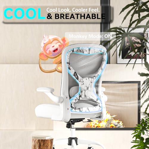Ergonomic Home Office Chair, 4-Way Lumbar, Thick Cushion, 330LBS | Adjustable Lumbar (up/down/in/out), Rocking Mesh Back, Flip-up Arms, Easy Assembly, Ideal for home offices & small workspaces - color: White+marble