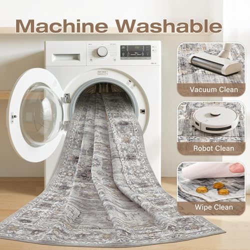 Vintage Washable 6x9 Area Rug, Non-Slip Indoor Carpet, Grey | Soft Low Pile Rug with Non-Slip Backing, Stain Resistant for Bedroom or Dining Room, Kid & Pet Friendly - color: Grey, size: 6' x 9' (Rectangular)