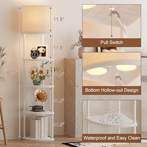 Qupui Floor Lamp with Shelves, 61.5" 5-Tier, 3-Color LED, White | Fabric Shade With Soft Cozy Light. 3 Color Temperatures 12W LED. 5 Tiers, 22 Lbs Each. Durable Composite Panels, Metal Frame - color: 5-Tier White