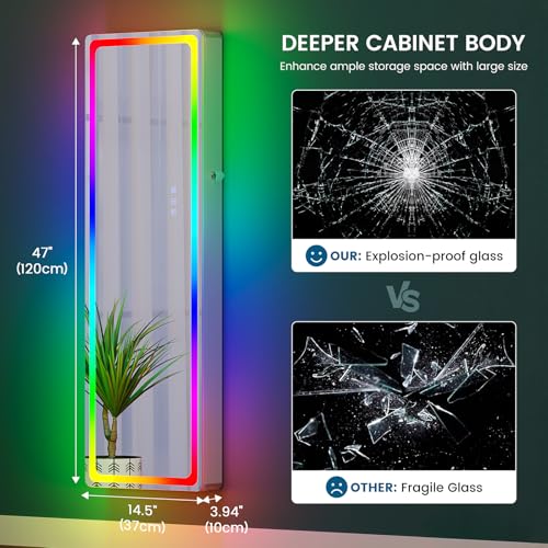 HNEBC Full Length Mirror with Storage, Wall Mounted Jewelry Cabinet with RGB Lights & Remote, Lockable Over Door Jewelry Organizer with Drawer, Foldout Makeup Tray 47.2" Hx14.5 Wx3.9 D, White - color: 93B-white