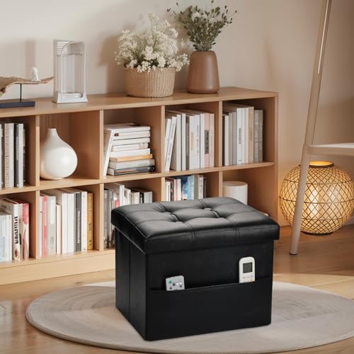 Bsketa Storage Ottoman Bench,16 Inch Folding Leather Foot Rest Stool, Black | Small Ottoman with Side Pockets, Thicker Foam Padded Seat, Livingroom, Dorm, Bedroom, Easy to install, 38L,16x12x12in - color: Black-with Side Pockets...
