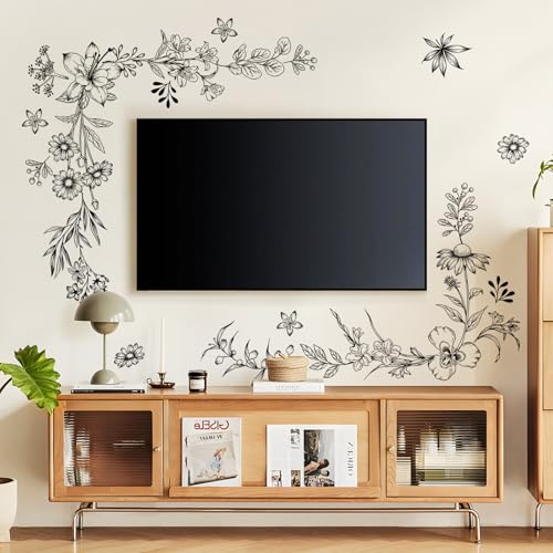 Tanlaby Sketch Black Flower Wall Decals Wildflower Floral Wall Stickers | Retro Peel and Stick Vinyl Art Decor for Bedroom Living Room Office Sofa TV Backdrop