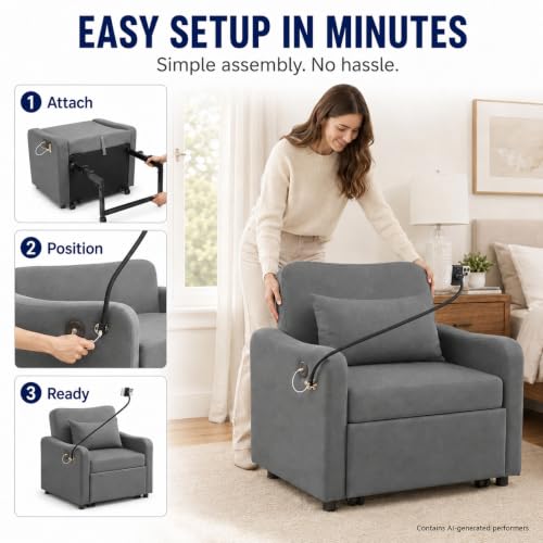 Majnesvon Convertible Chair Bed 3 in 1, Sofa Bed Chair (Dark Gray) | with Adjustable Backrest & Charging Station, Small Space One Person Couch for Apartment, Office, Living Room, Bedroom - color: Dark Gray