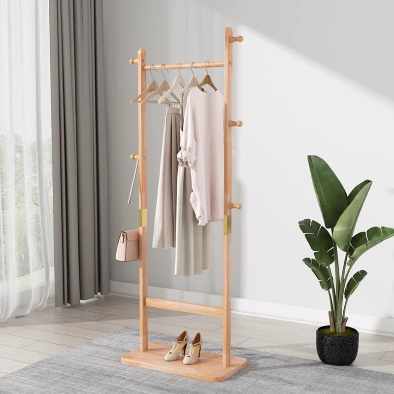 Solid Wood Coat Rack Freestanding, 71" Heavy Duty Clothes Rack with Dual Rods & Hooks, Stable Space Saving Hall Tree Entryway Organizer for Bedroom, Living Room (Natural) - color: Natural