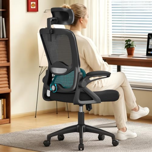 Ergonomic Office Chair,Mesh Office Chair with Lumbar Support,High Back Desk Chair with Flip-up Arms,400 lbs Big and Tall Computer Chair with Headrest,Comfy Desk Chairs - color: Deep Black