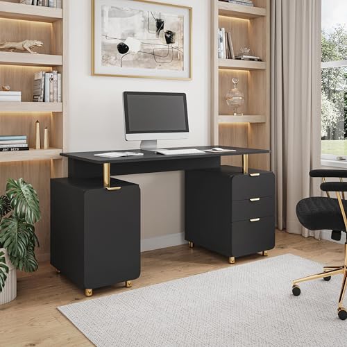 Techni Mobili 57"W Computer Desk w/ 3 Drawers & Storage Cabinet, Black/Gold | Home office workstation, durable construction, everyday productivity, Ideal for home office, Workspace organization - color: Black,gold