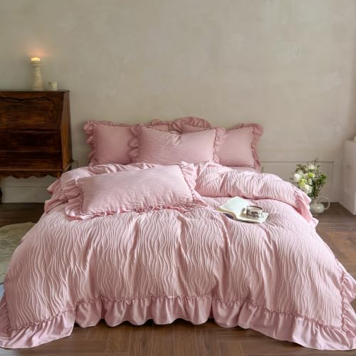 3 Pcs Vintage Pink Wavy Textured Ruffle Full Duvet Cover, Zipper & Ties | French Country Shabby Chic Aesthetic Comforter Cover, Soft Breathable Jacquard Romantic Fringe Princess Girls Bedding Set - color: A Wavy Blush Pink, size: Full(Duvet Cover and 2 Pi