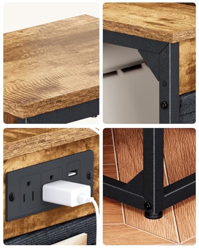 C-Shaped End Table with Fast-Charging Station, Small Couch Side Table with Storage Bag, Sofa TV Tray Table for Living Room, Bedroom, Bedside ET-BR-1 - color: Rustic Brown