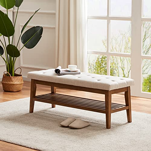 HUIMO Upholstered Entryway Shoe Bench, Button Tufted End of Bed Bench,Beige | with Solid Wood Slatted Shelf, Padded Ottoman Bench for Bedroom, Living Room, Entryway - color: Beige, style: French Country