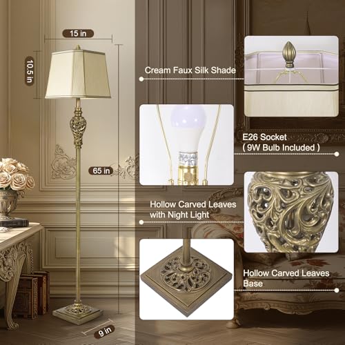 Vintage Rustic Floor Lamp for Living Room, 65" Tall Lamp with Nightlight | Beige Faux Silk Shade, Farmhouse Standing Lamp for Bedroom, Office Corner, or Study, Elegant Retro Home Decor, Bulb Included - color: Antique Brass