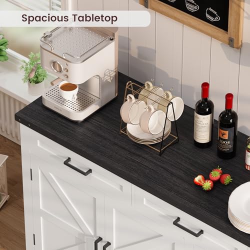 usikey Large Sideboard Buffet Cabinet with 4 Doors and 3 Drawers, Farmhouse Buffet Table, Dining Room Storage Cabinet for Kitchen or Living Room, White