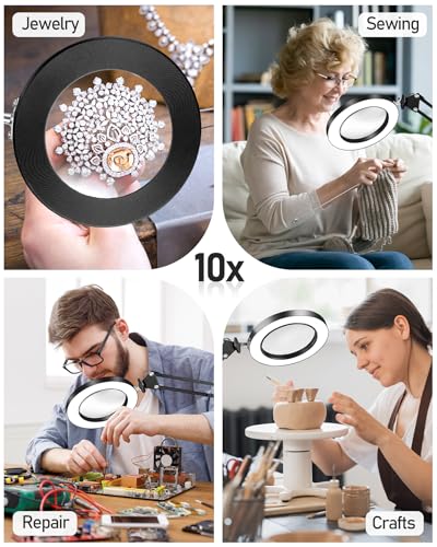 TANYO 10X Magnifying Glass with Light, 3 Color Mode, Hands Free | Real Glass Lens, Dimmable LED Light, C-Clamp, Flexible Desk Magnifier for Jewelry Sewing Crafts Embroidery Repair