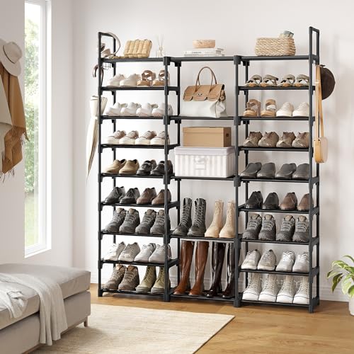 WOWLIVE 9 Tier 3-Column Shoe Rack, 50-55 Pairs Stackable Black | 50in Long for Larger Entryways, Removable Shelves Fit Tall Boots, Split into Multiple Units for Garage Closet - color: Black, size: 3 Row 9 Tier