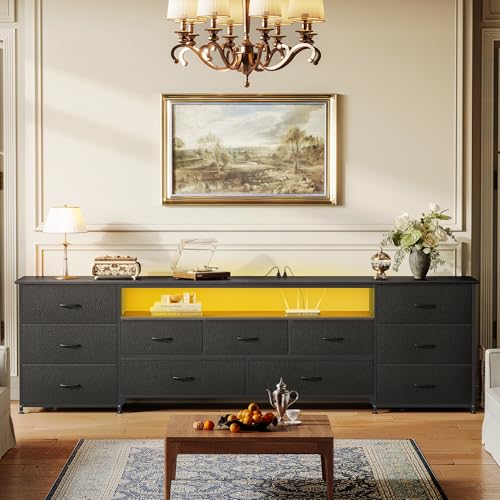Huuger 78.7 Inch TV Stand for 75, 80 Inch TV, 11 Drawer Long Dresser with Power Outlets and LED Lights, Entertainment Center with Storage, Black Dresser with PU Leather Surface - color: Black, size: 13.8"D x 78.7"W x 26.8"H