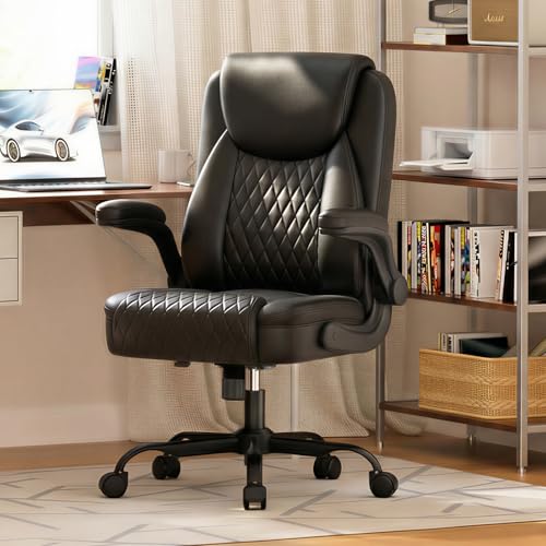 GTPLAYER PU Leather Office Chair, Home Desk Chair with Flip-up Arms, Modern | Ergonomic Back, Comfy Executive Chair for Home Office Gaming, Flexible Rocking, Heavy Duty Chairs, Charcoal Black - color: Charcoal Black
