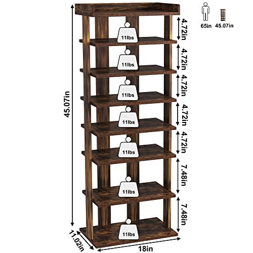 HOMEFORT 7-Tier Wood Shoe Rack, Double Rows Shoe Shelf, Shoe Storage Stand, Entryway Shoe Tower, Vertical Shoe Organizer for Narrow Closet, Entryway, Hallway, Rustic Brown - color: Rustic Brown, size: 11.02"Dx18"Wx45.07"H