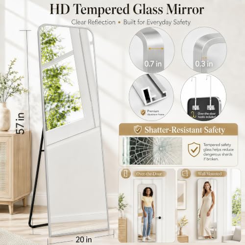 57x20" Full Length Mirror Floor Stand,Over the Door,Wall Mounted Silver | HD Crystal Clear Tempered Glass,Aluminum Frame,Full Body Dressing Make-Up Mirrors Rect Hang for Bedroom,Bathroom,Living Room - color: Silver, size: 57"L x 20"W