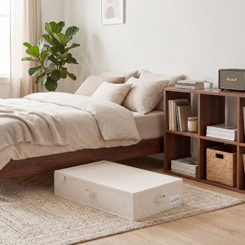StorageWorks 6 Inch Low Profile Under Bed Clothes Storage Bins with Lids | Reinforced Structure, Resists Sagging, Handles & Label Holder, Foldable Stackable Closet Storage for Clothes, Blankets, Toys - color: Light Beige, size: 33"L × 17"W × 6"H