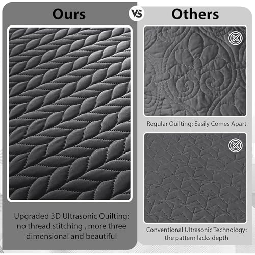 MOONLIGHT20015 Quilt Queen Size (90" x 96") with 2 Pillow Shams (20" x 26"+2") for All Season - 3 Pcs Lightweight Bedding Set Reversible Coverlet Embossed Quilted Bedspread (Charcoal/Dark Grey) - color: Charcoal/Dark Grey, size: Full/Queen