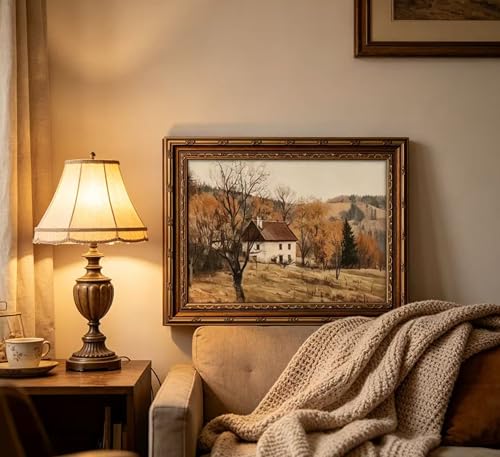 Vintage Gold Framed Autumn Country Cottage Wall Art ,Rustic Farmhouse Landscape Canvas Prints, Retro Fall Cabin Painting for Living Room Bedroom Kitchen Wall Decor,12x16in - color: Country Cottage, size: 16"L x 12"W