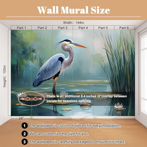 Wall Mural Bird Blue Heron Pond Natural Water Lilies Rippling Reeds Serene Peel & Stick Wallpaper Removable Self-Adhesive Large Wall Sticker Wall Decor for Bedroom Living Room Nursery 100"x144" - color: Multi6, size: 100"x144"