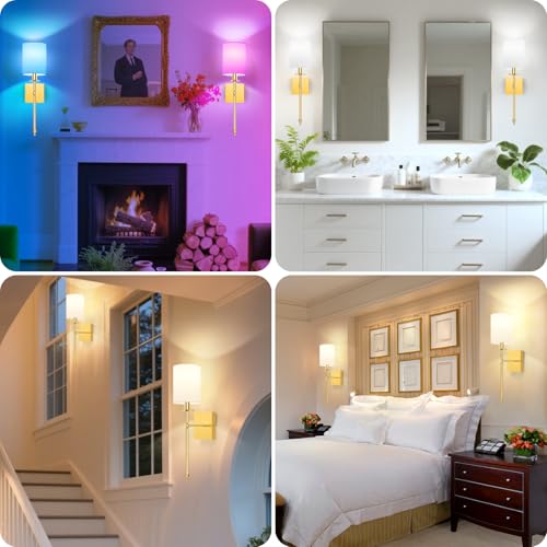 19.9 Inch Wall Sconces Battery Operated Set of 2, Gold Rechargeable Wireless Wall Sconces Lights with Remote, Not Hardwired Dimmable Wall Lamps with White Fabric Shade for Bedroom, 2 Bulbs Included - color: Gold and White, size: 19.9 inch
