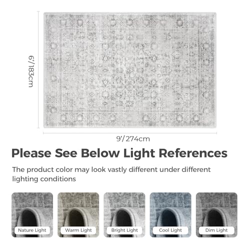 LIVEBOX Washable Gray Rug 6x9 - Vintage Soft Rug for Living Room, Large Neutral Rugs Anti-Skid Low-Pile Flower Carpet for Bedroom Office, Silverygray - color: Silvergray, size: 6' x 9' (Rectangular)