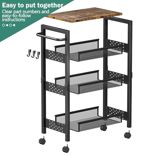 Vivihomety 4-Tier Laundry Utility Rolling Cart with Wheels, Kitchen & Bath | Narrow 8.1" wide, lockable wheels, wood top panel, metal frame, for laundry room, small spaces, pantry, tight gaps, Black - color: Black, size: 8.1 inch wide