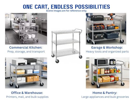 Heavy Duty 3 Tier Rolling Utility Kitchen Cart on Wheels,Large 45"L x 17 1/2"D x 45"H Metal Serving Cart Commercial Grade with Wire Shelving and Handle Bar for Office School Church Kitchen Hardware