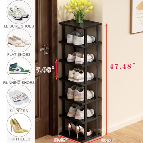 Vertical Shoe Rack - Tall Narrow Shoe Rack Organizer for Small Spaces,7 Tier Bamboo Shoen Shelf for Entryway,Closet,Corner,Doorway,Skinny Shoe Shelf Space Saving Shoe Storage,Free Stackable DIY - color: Black, size: 7-tier
