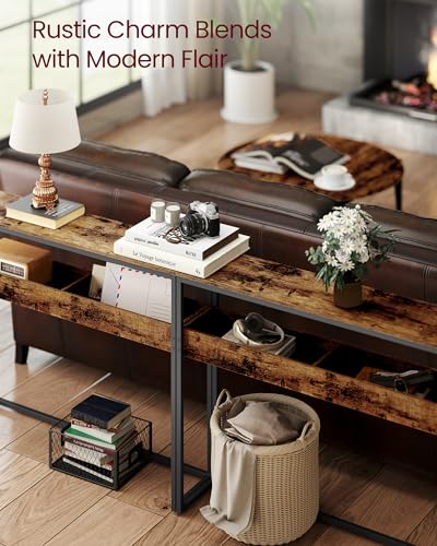 VASAGLE 39.4 Inches Console Table, Narrow Sofa Table, 2-Tier | Easy Assembly, Semi-Open Compartments, Entryway Table for Living Room, Bedroom, Rustic Brown and Ink Black ULNT091K01 - color: Rustic Brown + Ink Black, size: 9.4"D x 39.4"W x 31.5"H