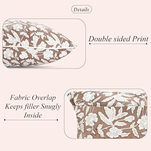Oak Brown Block Print Cotton Piping Throw Pillow Covers 16x16 Set of 2 Decorative Couch Pillows for Living Room, Chic Boho Cute Outdoor Pillows Covers Gifts for Christmas, Thanksgiving - color: Oak Brown, size: 16" x 16" (Pack of 2)