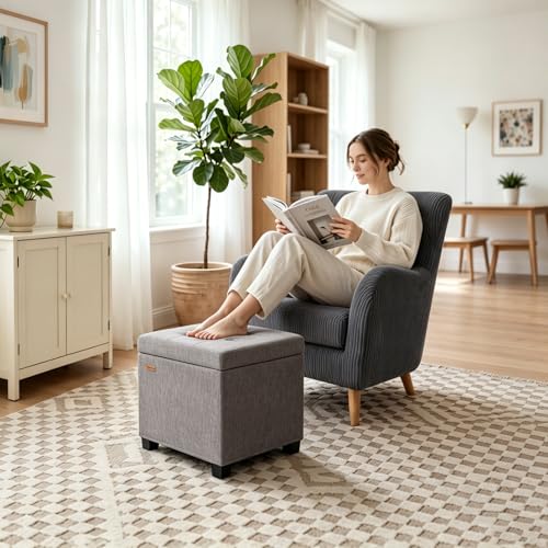 ABHENG Steel Frame Square Ottoman with Storage Gray UASND641G | 17.7" x 17.7" x 17.7", Hold 660 lbs, 48L Storage Capacity, Breathalbe Chenille, Removable Lid, for Dorm Living Room - color: Chenille-gray, size: 17.7"D x 17.7"W x 17.7"H