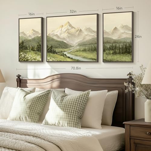 Large Framed Mountain Wall Art for Living Room, 3 Piece Modern Green Landscape Canvas Artworks, Forest River Nature Scenery Painting Prints for Bedroom Entryway Hallway Home Office Wall Decor - color: Green Beige, size: 32" W x 24" H x 1 Pcs + 16" W x 24"