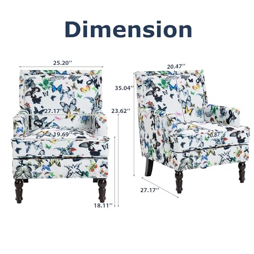 Accent Chair, Modern Comfy Accent Chairs Lounge Arm Chair | Mid-Century Linen Upholstered Wingback with Solid Wood,Single Floral Pattern Sofa Chair for Living Room/Balcony/Bedroom - color: Sackcloth001-butterfly
