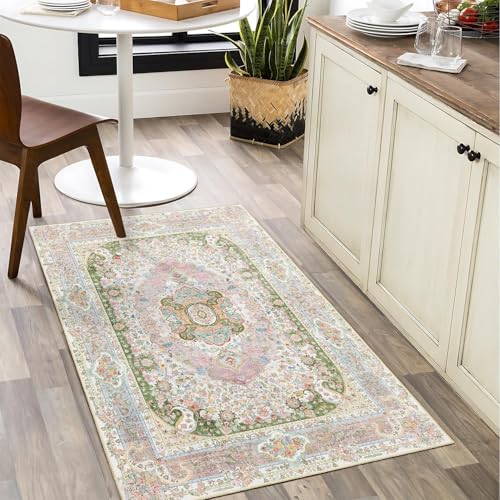 Small Rugs 2x3,Pink Rug for Entryway Entrance Doormat Boho | Vintage Bohemian Distressed Washable Accent Floor Throw Carpet for Bathroom Bedroom Kitchen Non Slip,Blush Green - color: Pink Green, size: 2'x3'