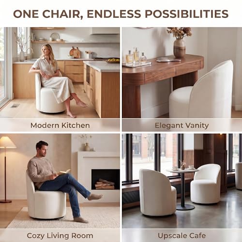 HNY Upholstered Kitchen & Dining Room Barrel Chair, Mid Century Modern Round Velvet Dining Chair, 360 Degree Swivel Comfy Armless Accent Makeup Vanity Side Chair for Bedroom Living Room, White - color: White